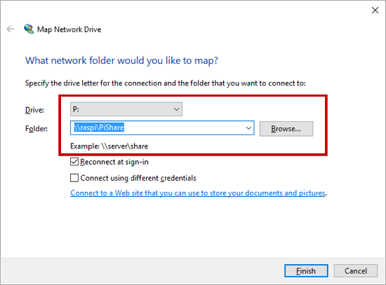 Map network drive dialog