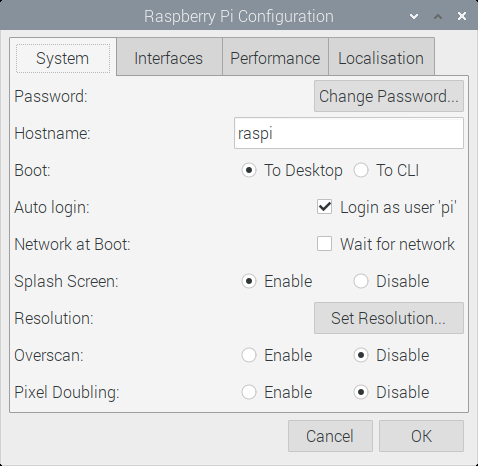 Pi Config GUI screen 1