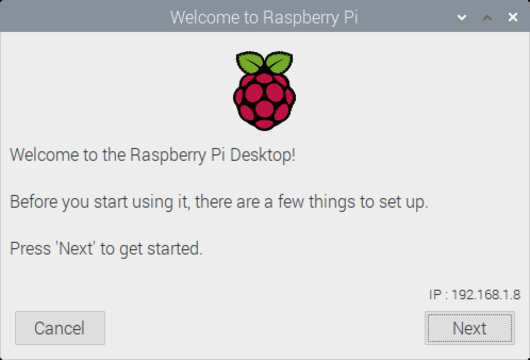 Pi setup wizard screen 1